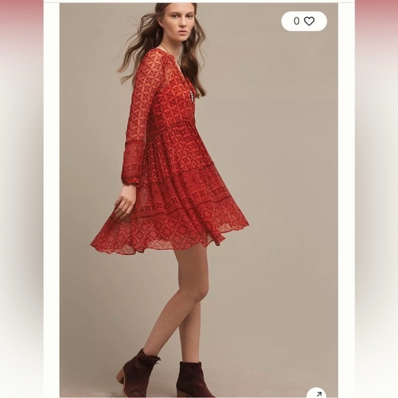 Maeve Anthropologie Canna Swing Dress Aztec Red Sheer Orange Red Size 8 - Picture 5 of 15